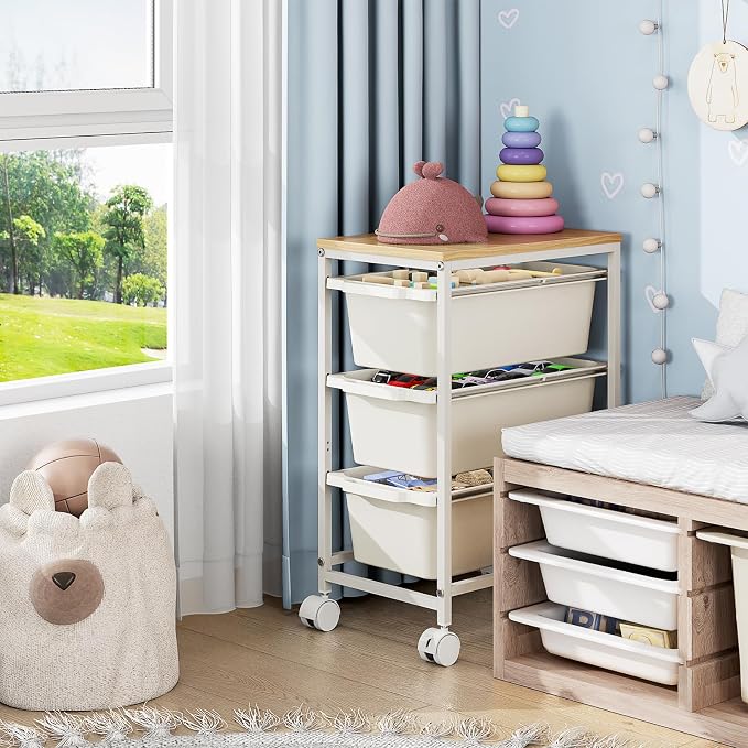 KINGBOARD Slim Rolling Cart with 3 Drawers, Metal Utility Storage Cart | Wooden Tabletop, Lockable Wheels, Under Desk Trolley for Bedroom, Children's Room and Office Organization, White - Image 5