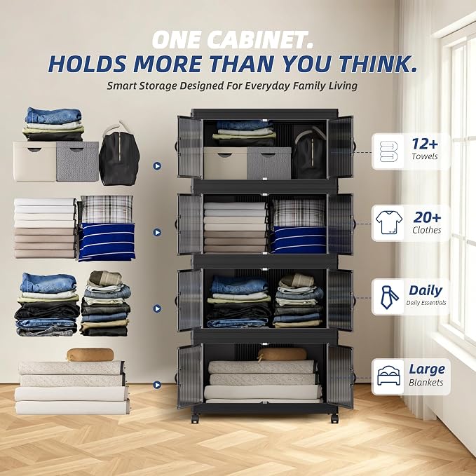 SAILUN 116Gal/464Qt Stackable Storage Bins Folding Collapsible Storage Bins with a Lid, Closet Organizers and Storage,Black 26" W x 17" D x 56.7" H | Stackable Storage Drawers with Lids,26" W x 17" D x 56.7" H,Featuring open-front Access for Clothes an... - Image 3