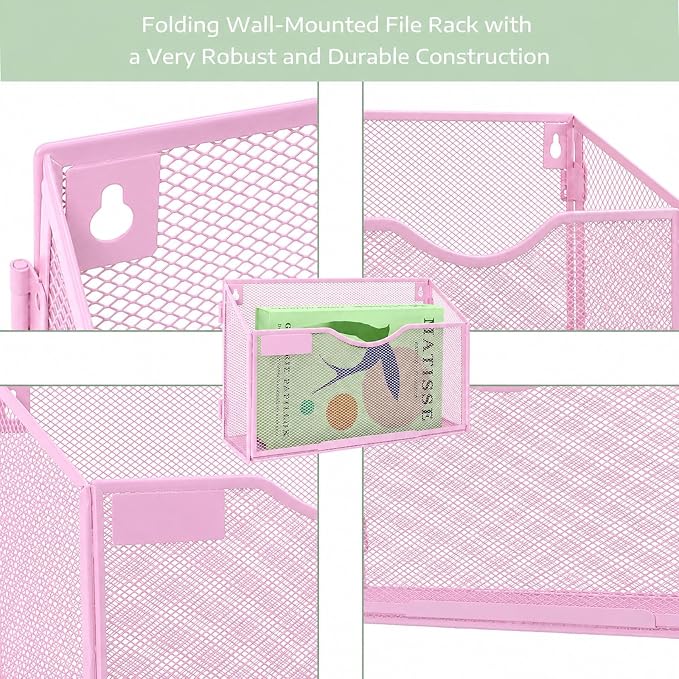 1 Pocket Mesh Wall File Holder Organizer Office Hanging File Folder Magazine Rack, Nametag Label Hooks Set Included (Pink) - Image 3