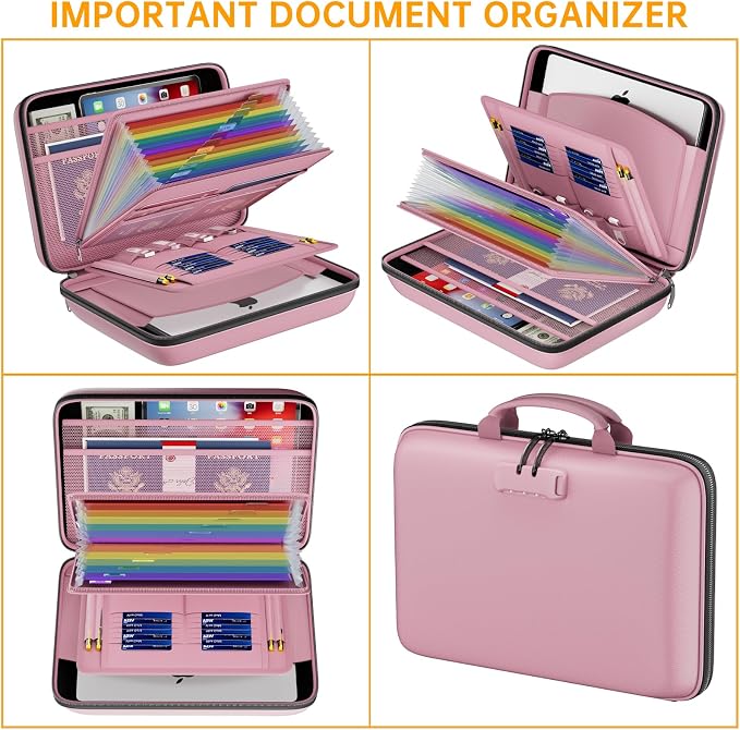 DocSafe Fireproof File Organizer with Lock, Hard-Shell Case Fireproof Document Box with 13 Pocket Accordion File Folder, Portable Home Office Travel Safe Storage for Important Documents Laptop Pink - Image 9