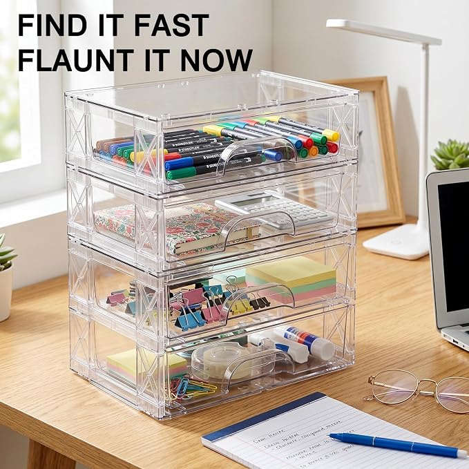 Clear Stackable Storage Drawers 4 Pack 3.5in Organizer Plastic Bins | Clear Plastic, Pull-Out Drawers, Easy Assembly, Stackable Design, for Cosmetics Bathroom Kitchen and Cabinet Storage - Image 7