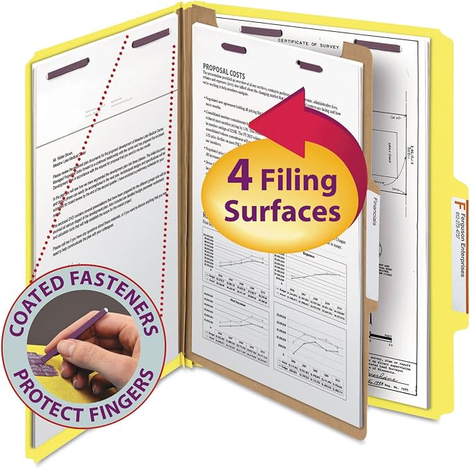 Smead Pressboard Classification File Folder with SafeSHIELD Fasteners, 1 Divider, 2" Expansion, Letter Size, Yellow, 10 per Box (13734) by SMEAD