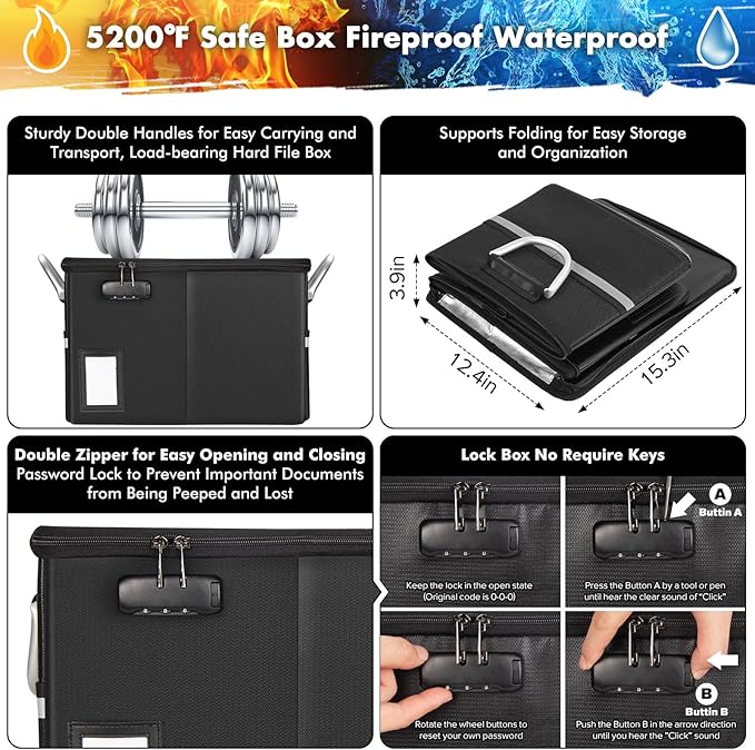 TOMKID Fireproof File Cabinet with Lock, Fireproof Document Organizer Collapsible File Box Filing Cabinet with Handle for Letter Legal Folder Certifications (Orange-Upgrade) - Image 2