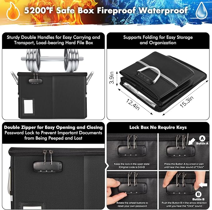 TOMKID 5200°F Fireproof Document Box, Fire Important Document Organizer with Lock, Upgraded Heat Insulated Filing Storage Cabinet Office Organization (5200°F Fireproof Box, Black) - Image 2