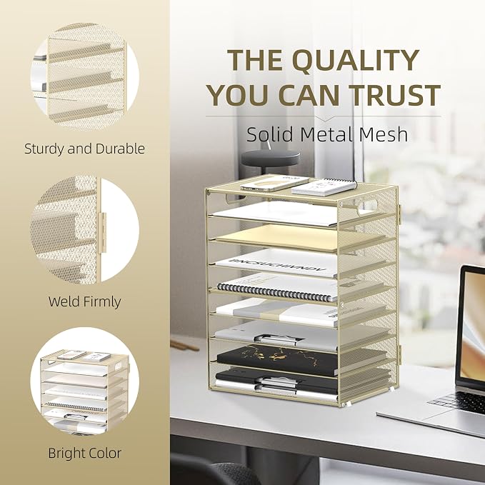 9-Tier Paper Organizer for Desk, Letter Tray with Handles, Golden Yellow | Desk File Organizer with Removable Trays for Sorting Files, Folders, Mail and Printer Paper at Home, School or Office - Image 3