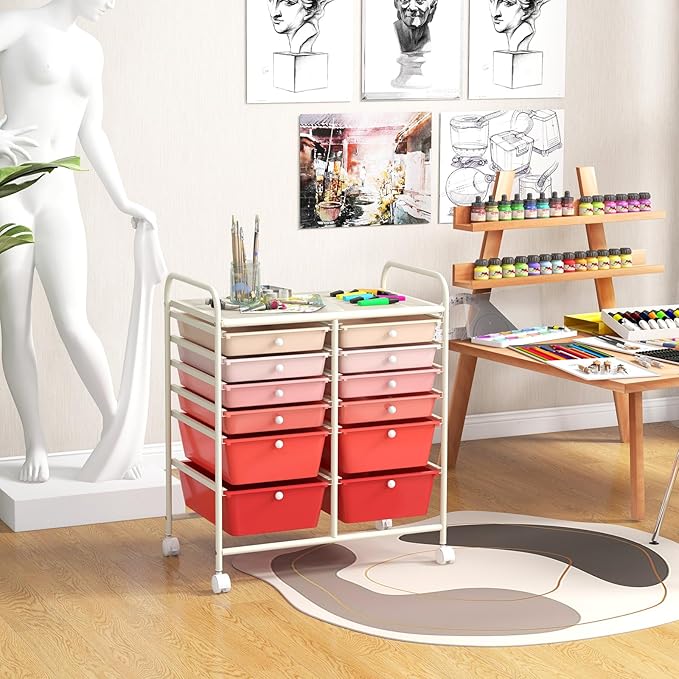 Moccha 12-Drawer Rolling Storage Cart - Utility Cart on Wheels with Lockable Casters for Craft Art Supply Paper Salon, Mobile Drawer Carts for Classroom Teacher School Office (Gradient Pink) - Image 8