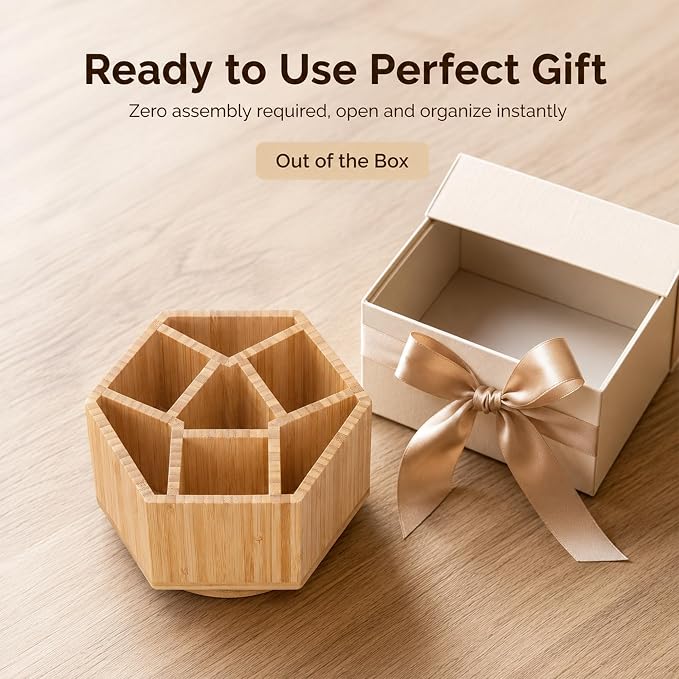360° Rotating Bamboo Desk Organizer, Hexagonal | 360° Rotating, Art Supply Holder & Office Storage Caddy, For Colored Pencils, Crayons, Paintbrushes - Image 6