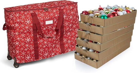 Covermates Keepsakes Rolling Adjustable Ornament Storage Bag – Heavy-Duty Polyester, FlexGrid Trays & Padded Dividers – Protective Holiday Organizer with Wheels, Handles & ID Window, Red Snowflake by Covermates