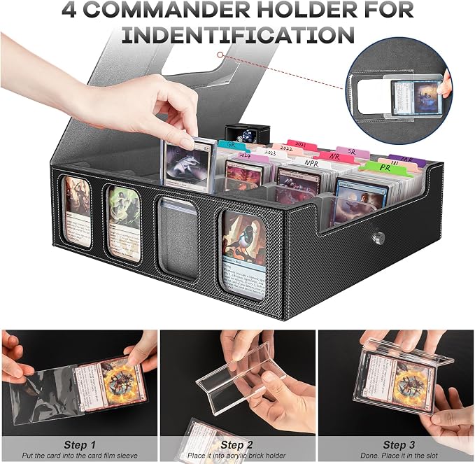 3200+ Trading Card Storage Box with Commander Display, 4 Row Card Deck Box with Portable Handle, Compatible for TCG/MTG/Magic Cards, 30 Colorful Divider, 8 Supporters, US Design Patent (Black&Grey) - Image 3