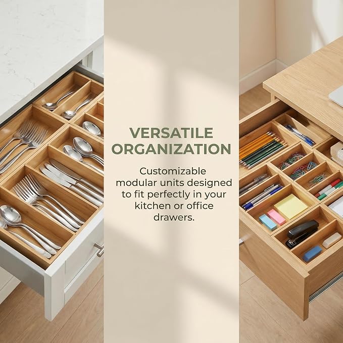 Bamboo Drawer Organizer with Removable Dividers, Fits Kitchens, Bathrooms, Desk, Utensil, Makeup (Natural, S) - Image 2