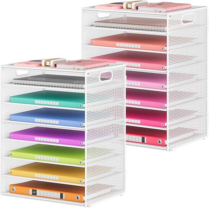 Lavatino 2 Pack 8-Tier Office Desk File Organizer, Letter Tray Paper Organizer with Handle, Including 5 Adjustable Slide Trays for Organizing Desk Workspace Accessories and Supplies (White Metal Mesh) by Lavatino