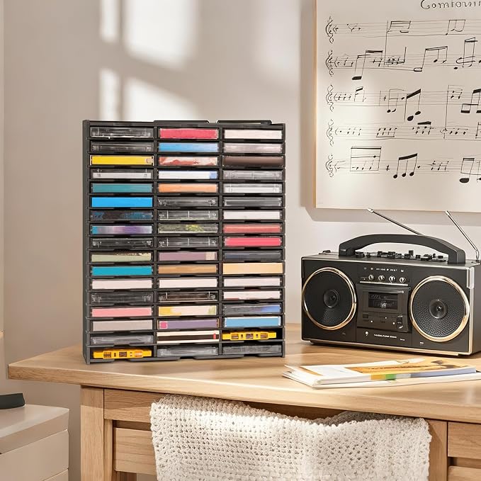 51-Slot Cassette Tape Storage, Desktop Audio Tape Organizer | Wall-Mounted Cassette Holder Rack, Black - Image 5