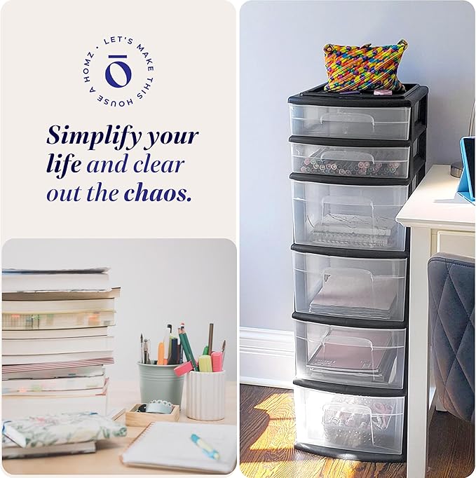 HOMZ Drawer Tower, 6-Tier Storage Cart with Removable Wheels, Black Frame | Plastic Organizer with Clear Bin Drawers for Bedroom, Bathroom, Home Office, and Dorm Rooms - Image 6