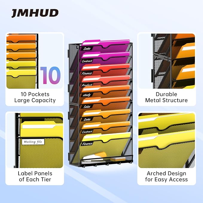 10-Tier Wall File Organizer with Base and Hooks, Hanging Organizer, Black | Wall Organizer and Wall File Holder with 10 Vertical Pockets and Bottom Tray for Files, Mail, Folders, Magazines and Paper - Image 3