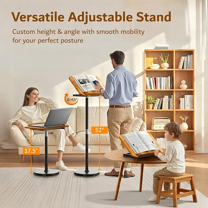 2-in-1 Floor & Desktop Book Stand with Large 16.5"x11.8" Solid Wood Panel | Height Adjustable 16.5"-51" Ergonomic Book Holder with Page Clips for Textbooks, Music Sheets, Recipes, Laptops (Rubberwood) - Image 3