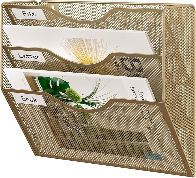 EasyPAG 3 Pocket Mesh Wall File Organizer, Hanging Paper Folder Holder with Classify Label, Vertical Wall Mount Mail Organizer for Office Home Classroom, Gold by EasyPAG