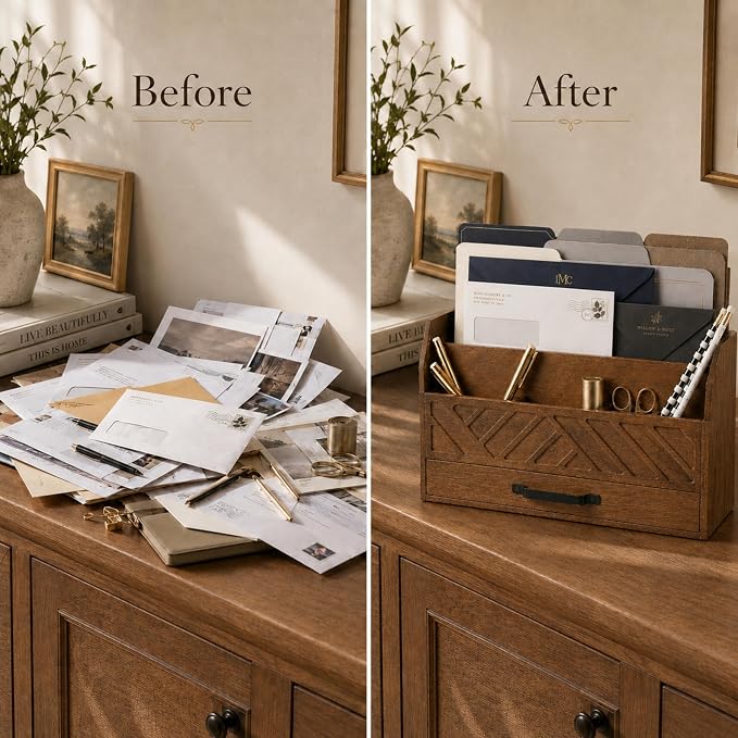 BLU MONACO | Wooden Mail Organizer with Drawer and Compartments | Mail Sorter Organizer Countertop for Desk Entryway | Outgoing Mail Holder Wood Desktop File Storage - Image 5