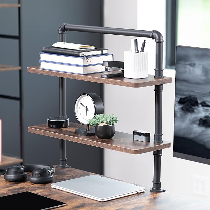 VIVO Clamp-on Premium 24 inch Industrial Pipe 2-Tier Tabletop Shelving, Heavy Duty Desk Extension Organizer, Modern Desktop Display Shelf, Rustic Vintage Brown Shelves, DESK-SHELF24-2N - Image 2