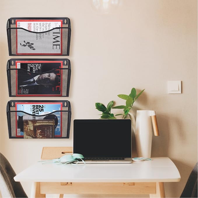 Flexzion Wall Folder File Letter Pocket Holder (6 Pack) Metal Mesh Desk Hanging Basket Box Bin Mail A4 Size Paper Document Organizer, Storage Rack Single Slot Wall Mount for Office School Home - Black - Image 5