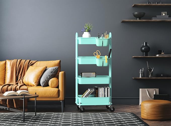 Simple Houseware 4-Tier Rolling Utility Cart with Hanging Bucket, Turquoise | Storage for Bathroom, Kitchen, Office, Study Room, Nursery Diaper - Image 4