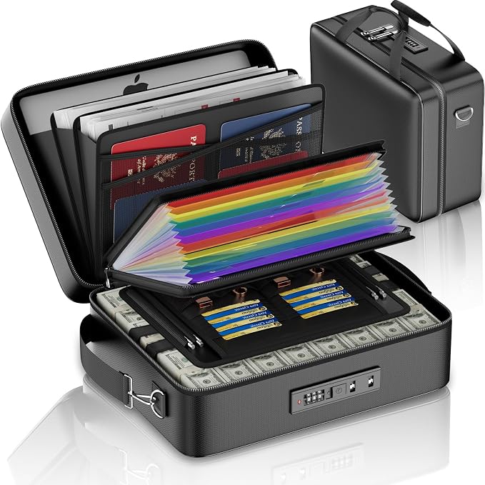 ENGPOW Fireproof Document Box with Lock & 13 Pockets Accordion File Folder | Hard Case File Organizer Home Safe Box with Multi Pockets,Protects Important Documents,Certificates,Laptop,Passports,Black by ENGPOW