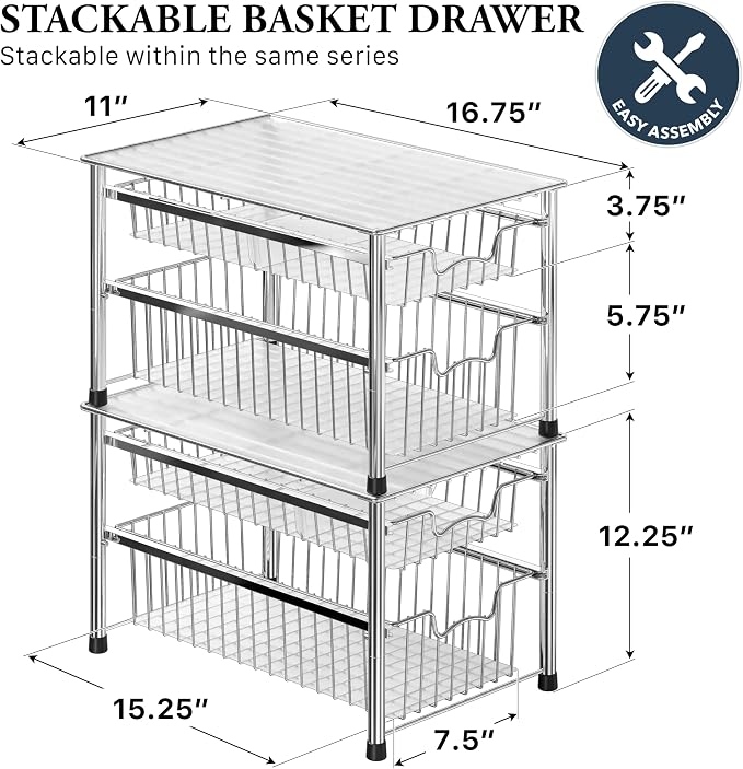Simple Houseware Stackable 2 Tier Sliding Basket Organizer Drawer, Chrome - Image 2