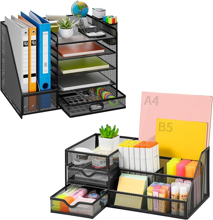 Lavatino Desk Organizer with File Holder+Larger Mesh Desk Organizer with Drawers by Lavatino