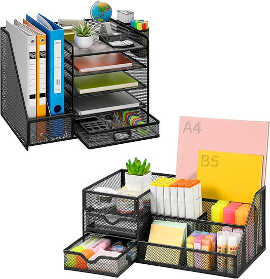 Lavatino Desk Organizer with File Holder+Larger Mesh Desk Organizer with Drawers by Lavatino