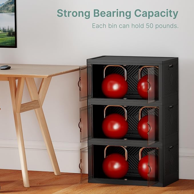 144QT Lockable Plastic Storage Bins, 3 Pack Collapsible Cabinets | Stackable Organizer with Doors & Wheels, Foldable Containers for Bedroom, Dorm, Office & Garage Storage - Image 6