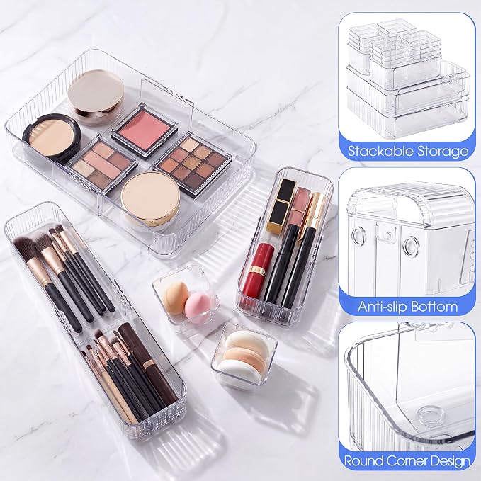 Aneco 14 Pieces Extendable Clear Drawer Organizer Adjustable Vanity Storage Box 4-Size Desk Drawer Divider Acrylic Storage Bins for Makeup, Cosmetic, Jewelries, Bedroom Kitchen Utensils Gadgets - Image 3