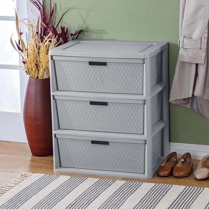 2 PCS,3-Drawer Storage Tower, Wide Plastic Organizer with Removable Bins | Decorative Weave Design, Tool-Free Assembly, Removable Bins, Carry Handles, Drawer Stops, BPA-Free - Image 2