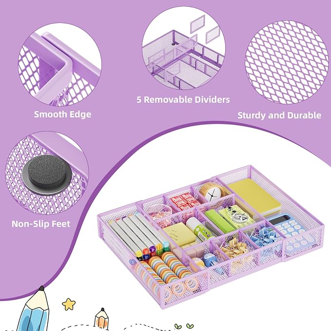 Marbrasse Expandable Desk Drawer Organizer, Mesh Drawer Organizer Tray with 10 Adjustable Compartments, Desk Organizers and Accessories for Office Supplies, Makeup & Vanity (Expandable-Purple) - Image 6