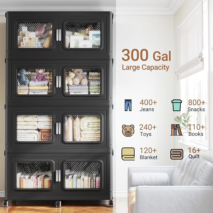 BROVIEW 1200 Qt Extra Large Stackable Storage Bin with Lids, 4 Pack Black | 300Gal Extra Large, Collapsible Storage Boxes with 4 Lids, Folding& Rolling Plastic Drawer, Heavy-Duty Cabinet Organization - Image 7