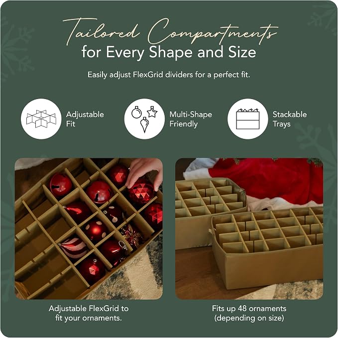 Covermates Keepsakes Adjustable Ornament Storage Box – Heavy-Duty Polyester, Padded Dividers & FlexGrid Trays – Protective Holiday Organizer with Stackable Walls & Label Window, Green Snowflake - Image 5
