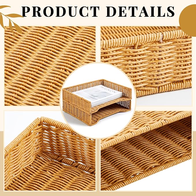 Yeaqee 2 Pcs Paper Tray Organizer for Desk Woven Letter File Organizer A4 File Tray Desk Paper Basket Letter Size Imitation Rattan Holder Organization Rack for Office Storage(Brown,Wheat Ear Pattern) - Image 3