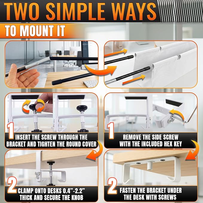 Under Desk Cable Management Tray 48" — No Drill Clamp-On Cord Organizer for Desk with Built-in Ties, Heavy Duty Metal Clamp, Foldable 600D Oxford Fabric for Home Office, WFH & Gaming PC Setup (White) - Image 4