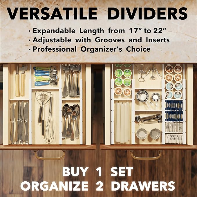 SpaceAid Bamboo Drawer Dividers with Inserts and Labels, Kitchen Adjustable Drawer Organizers, Expandable Organization for Home, Office, Dressers, 7 Dividers with 15 Inserts (17"-22" White) - Image 5