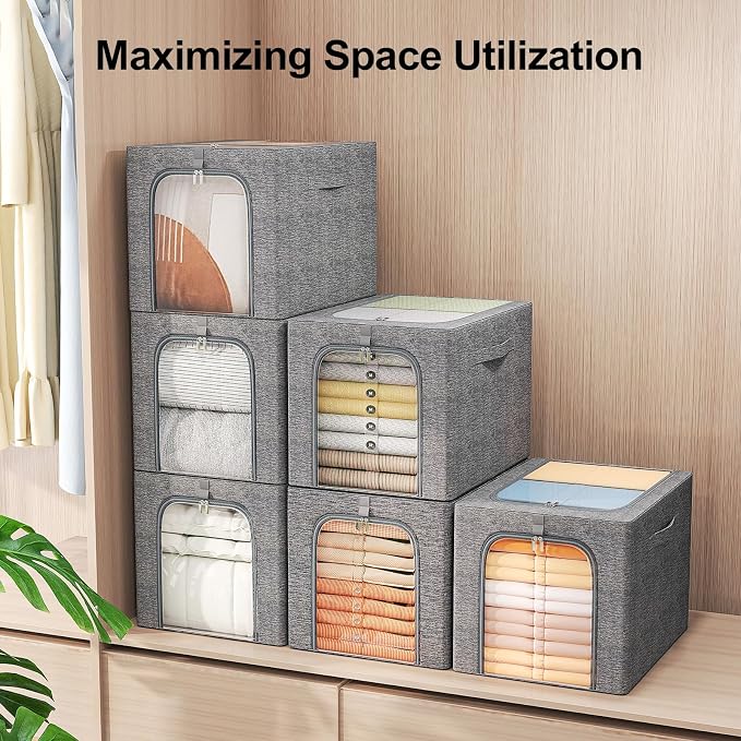 GoMaihe Clothes Storage Bins with Metal Frame for Closet, 40L 4-Pack Grey | Sweaters Hoodies Jeans T-Shirt, Closet Top Shelf Organizer, Steel Frame Collapse-Proof, Stackable, Clear Window, Dual Access - Image 4