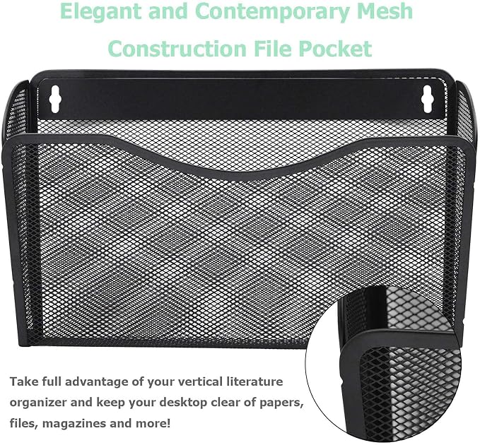 6 Single Pocket Mesh Hanging File Organizer, Vertical Wall Mounted Magazine File Holder, Mount Basket Mail Paper Document Folder Organizing for Office, Home and School, Black - Image 3