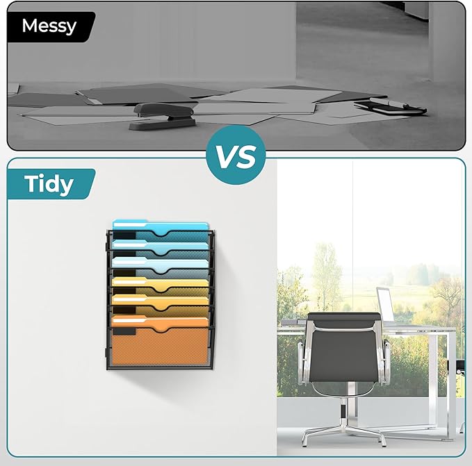 6 Tier Wall File Organizer, Hanging Wall Mounted Mail Organizer with Label Slots, Metal Mesh File Holder Magazine Rack for Office, Home, School or Classroom, Black, 2Pack - Image 7