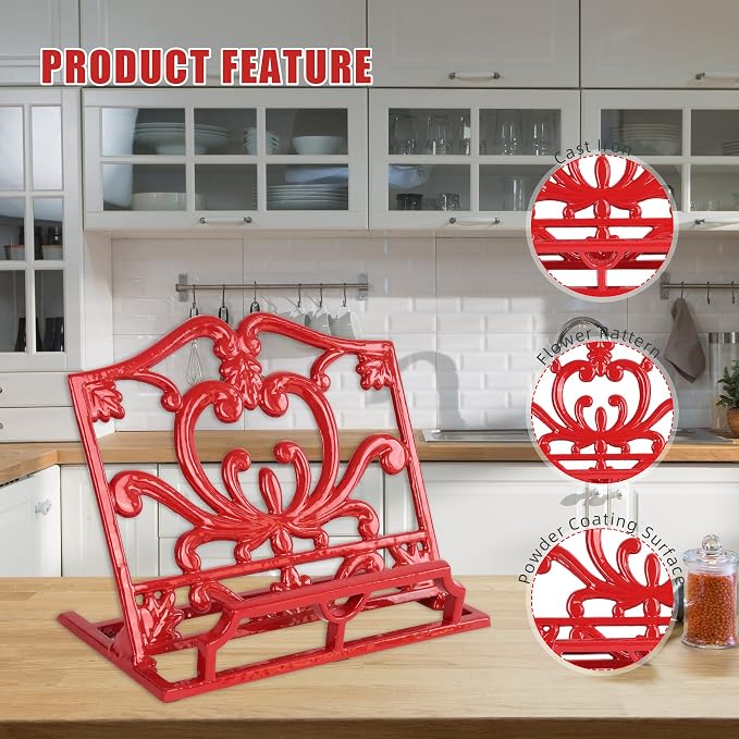 Cookbook Stand, Cast Iron Heavy-Duty Recipe Book Holder, Kitchen Vintage Recipe Book Holder, Reading Rest Holder for Easel/Counter/Books/Magazine/iPad/Bible Red - Image 2