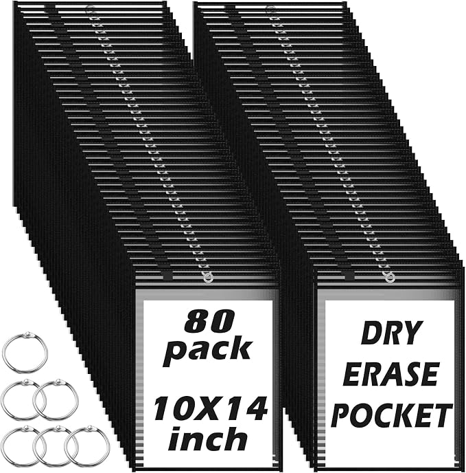 80 Packs Dry-Erase Pockets Bulk Oversized Reusable Dry Erase Pocket Sleeves with 5 Rings, 10x14 Black Ticket Holders, Clear Plastic Sheet Protectors, Teacher School Classroom Supplies by Oleitodh