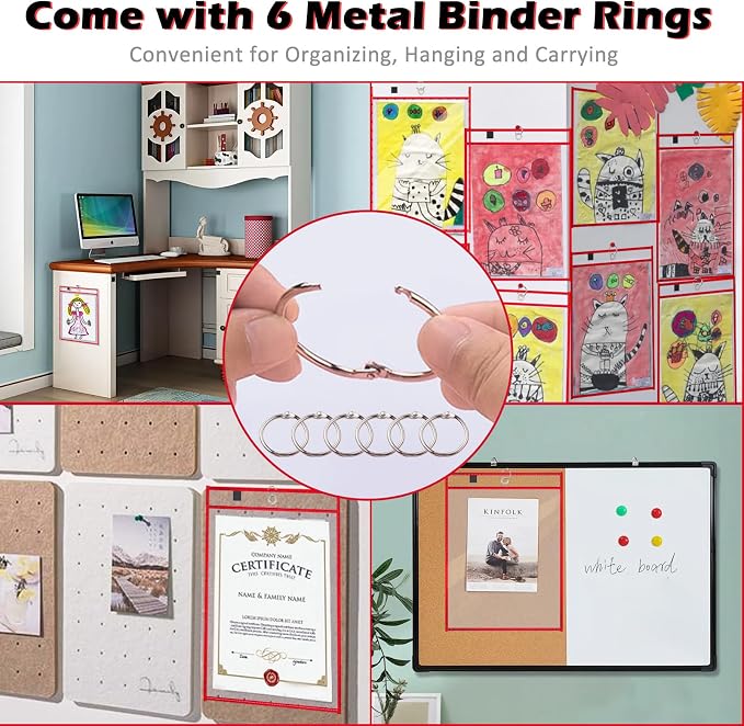 100 Packs Dry-Erase Pockets Bulk Job Ticket Holders Oversized Reusable Dry Erase Pocket Sleeves with 6 Ring, 10x14 Red Ticket Holders, Clear Plastic Sheet Protectors, Teacher School Classroom Supplies - Image 7