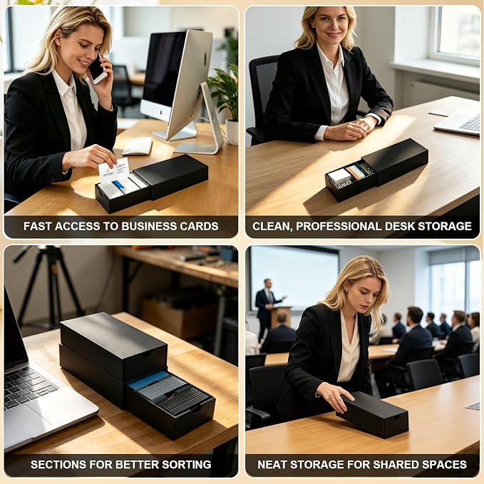 Business Card Storage Box 6 Pack, Stackable Card Organizer with Pull-Out Drawers and 24 Sections, Holds Up to 3000 Cards, Black Corrugated Desktop Filing Boxes with Labels - Image 6