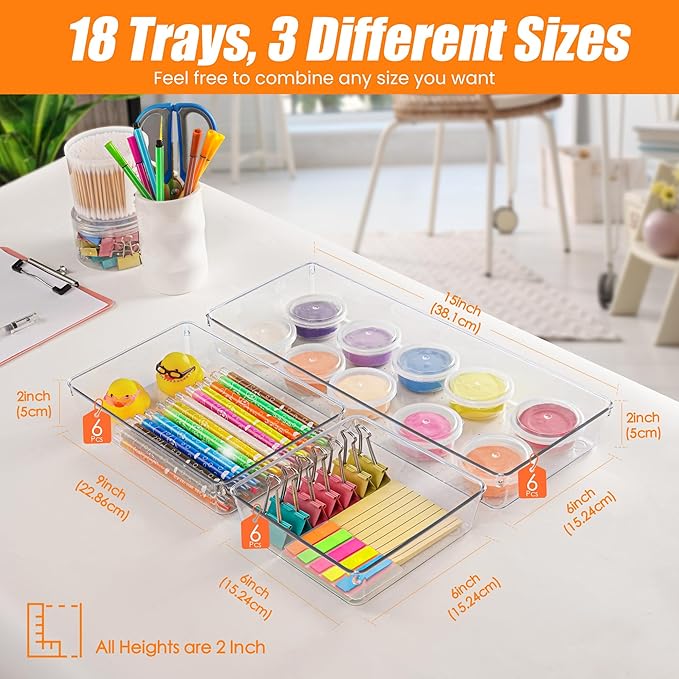 18 Pcs Large Size Clear Drawer Organizer Set, Acrylic Non Slip Non Cracking Kitchen Drawer Storage Tray Divider, Multifunctional Storage for Cosmetics, Bathroom, Tools, Kitchen and Office - Image 2