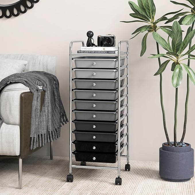 Storage Cart, Rolling Utility Cart with 10 Drawers, Portable Handles & Lockable Wheels, Mobile Paper Toys Storage Organizer Large Capacity for Home Office School Teacher (Gradient Black) - Image 9