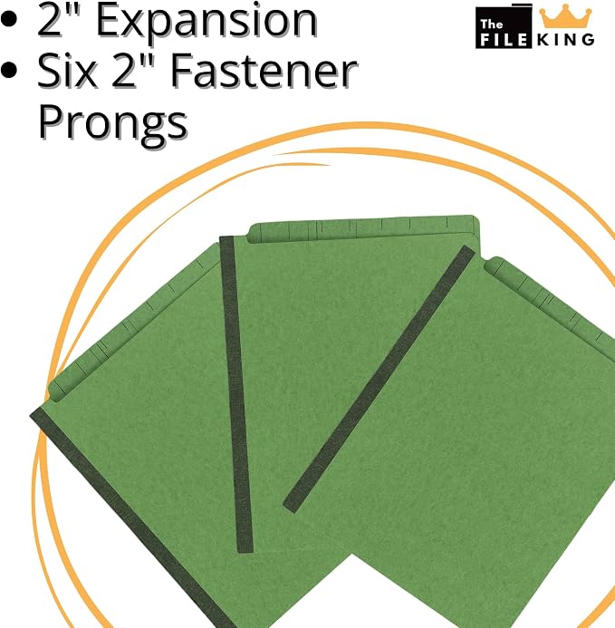 The File King Green Pressboard Classification Partition File Folder - Letter Size | Box of 10 | End Tab with Two Dividers | 2” Expansion | Durable 2-Inch Fastener Prongs - Image 4