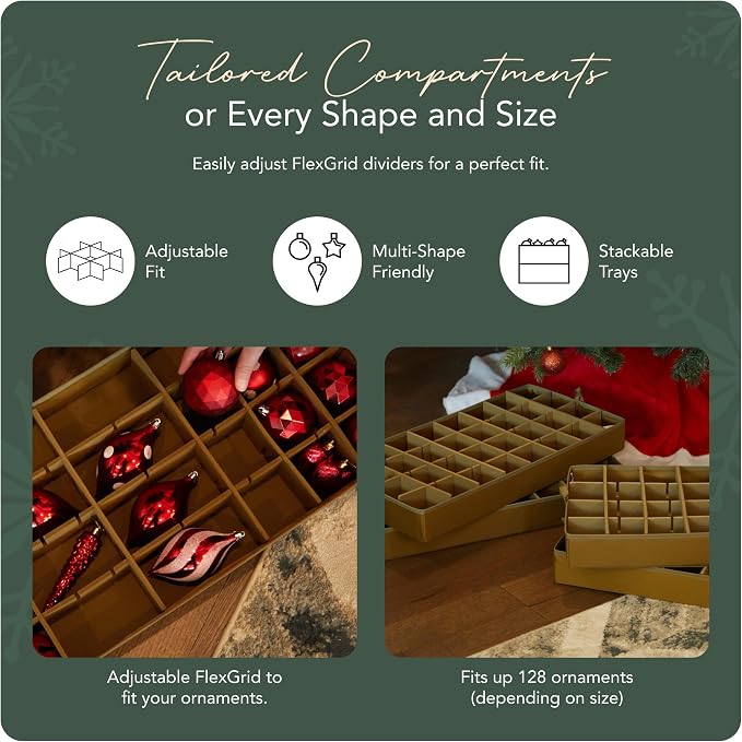 Covermates Keepsakes Adjustable Ornament Storage Bag – Heavy-Duty Polyester, Padded Dividers & FlexGrid Trays – Protective Holiday Ornament Organizer with Handles & Label Window, Red Snowflake - Image 5