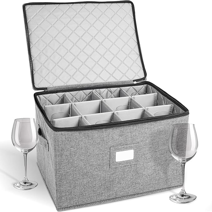 Wine Glass Storage Case | Hard Shell Felt Dividers | Gray | Hard Shell Case Holds 12 Wine Glasses In 4x4 Felt Compartments. Stackable, Top-Load, Label Tag. Keeps Stemware Chip-Free. by storageLAB