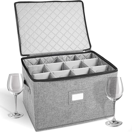 Wine Glass Storage Case | Hard Shell Felt Dividers | Gray | Hard Shell Case Holds 12 Wine Glasses In 4x4 Felt Compartments. Stackable, Top-Load, Label Tag. Keeps Stemware Chip-Free. by storageLAB